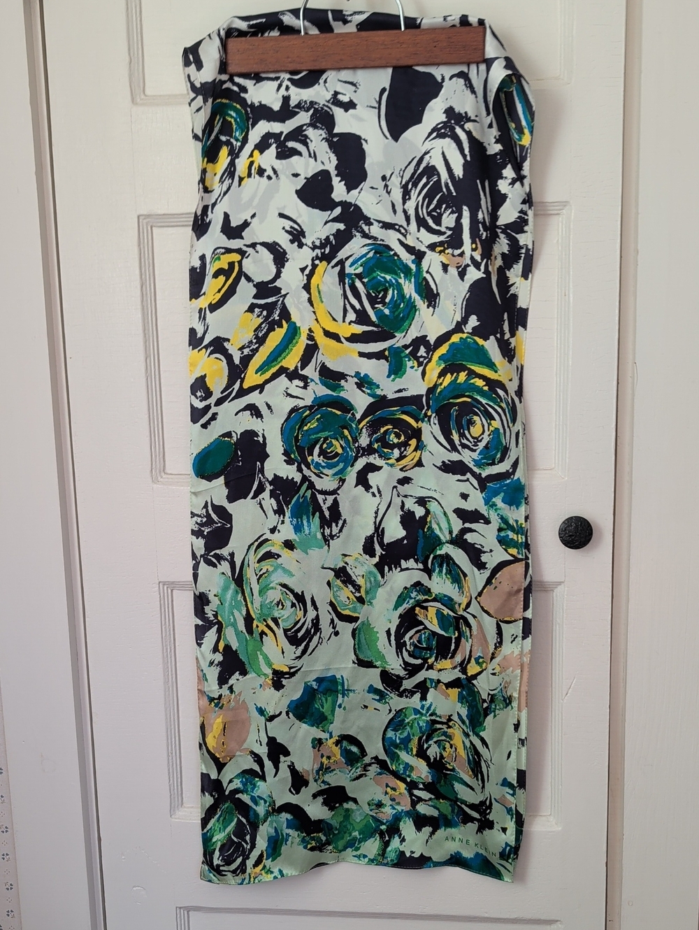 Anne Klein Silk Scarf Green Blue Abstract Floral 13.5" x 60" rectangle Vintage